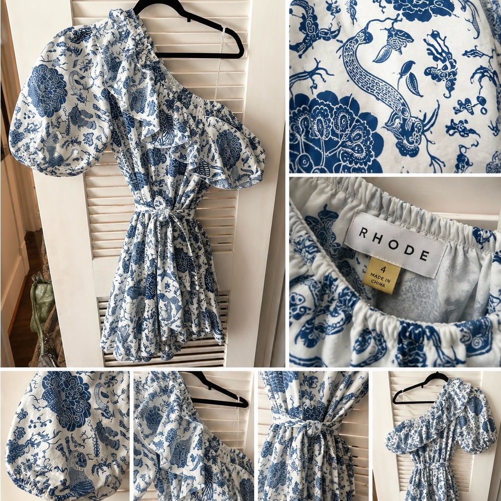 RHODE One Shoulder Puff Sleeve Mini Dress Size 4 Blue White Chinoiserie Print